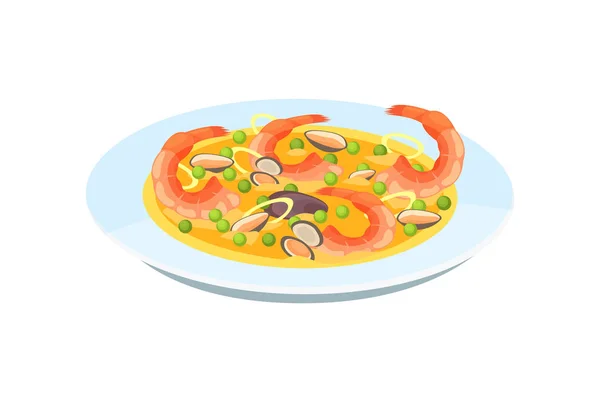 Delicioso plato - sopa tierna con camarones, mejillones, guisantes y cebollas . — Vector de stock