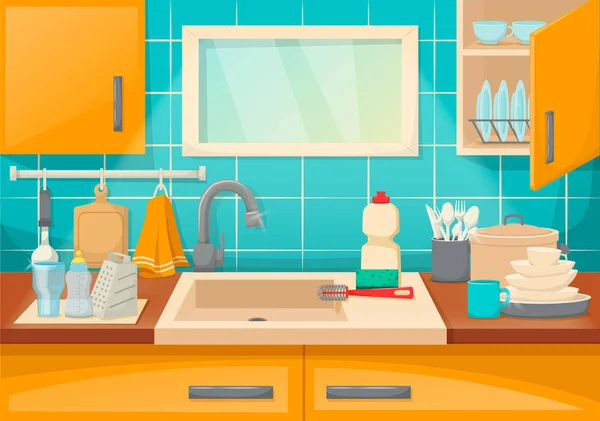 Кухонная раковина с чистой посудой и аксессуарами, порядок и комфорт . — стоковый вектор