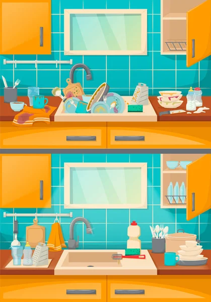 Kitchen sink with clean and dirty dishes before, after cleaning. — Stock Vector