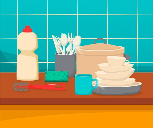 Fregadero de cocina con platos y accesorios limpios, orden y comodidad . — Vector de stock