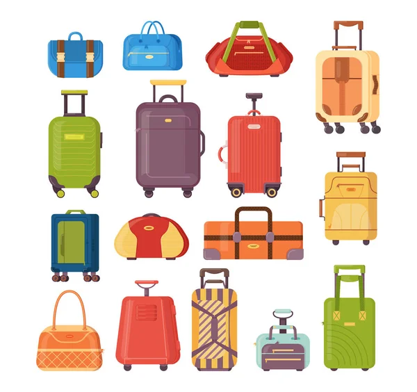 Set van plastic en metalen koffers, rugzakken, tassen voor bagage. — Stockvector