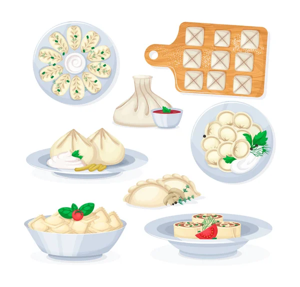 Traditional tasty food dumplings mantas ravioli khinkali kurze vareniki. — Stock Vector