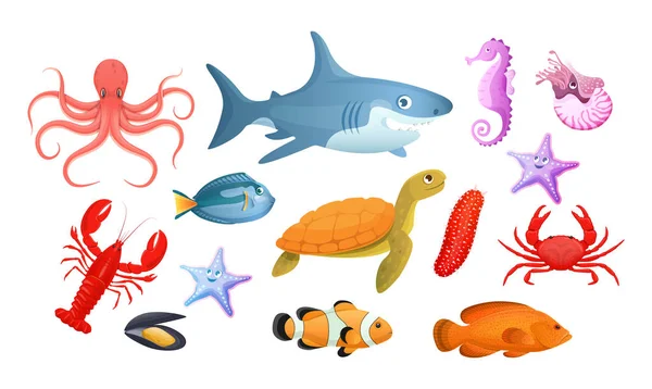 Морские и речные подводные животные. Различные морские животные — стоковый вектор