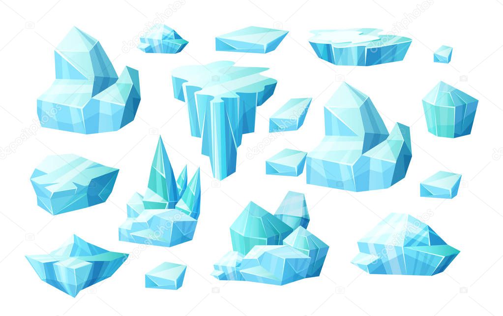 Realistic set of crystals of ice, iceberg broken pieces of ice