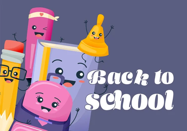 Terug naar school met school karakter grappige glimlach onderwijs items — Stockvector