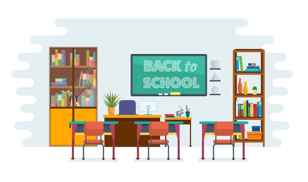 Skolan klassrum med svarta tavlan och skrivbord. Inre av skolklass. — Stock vektor