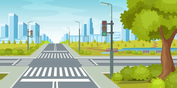 City Road met Crossroads verkeerslichten. City Highway vector illustratie — Stockvector