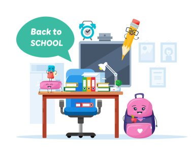 Okul sınıf chalkboard ve çalışma masaları ile. İç okul sınıf.