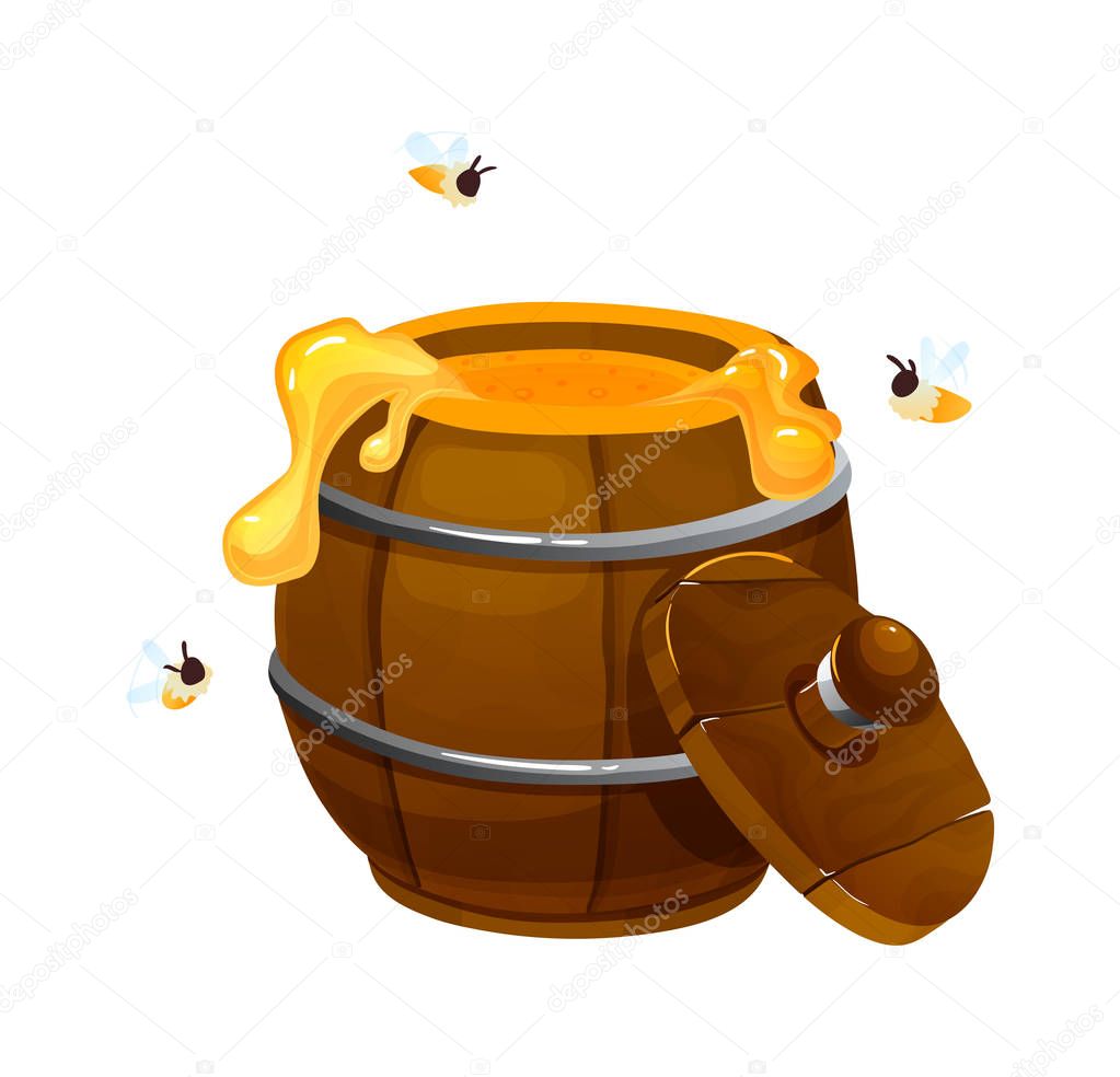 Wooden keg with honey with bees vector illustration