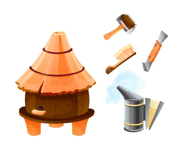 Colmenas de madera con herramientas de apicultura ilustración vectorial de dibujos animados aislado — Vector de stock