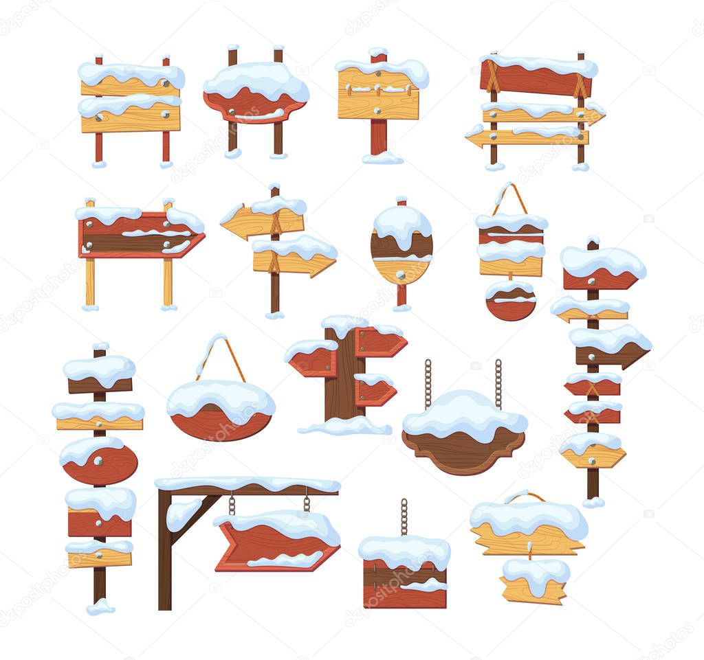 Wooden sign boards blank empty planks or signboards. Winter road sign, pointers for information, advertising. Round, square, arrow shapes empty wooden message for snow illustration vector