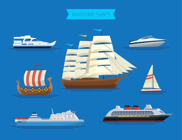 Navi marittime in mare, imbarcazioni da trasporto, trasporto marittimo . — Vettoriale Stock