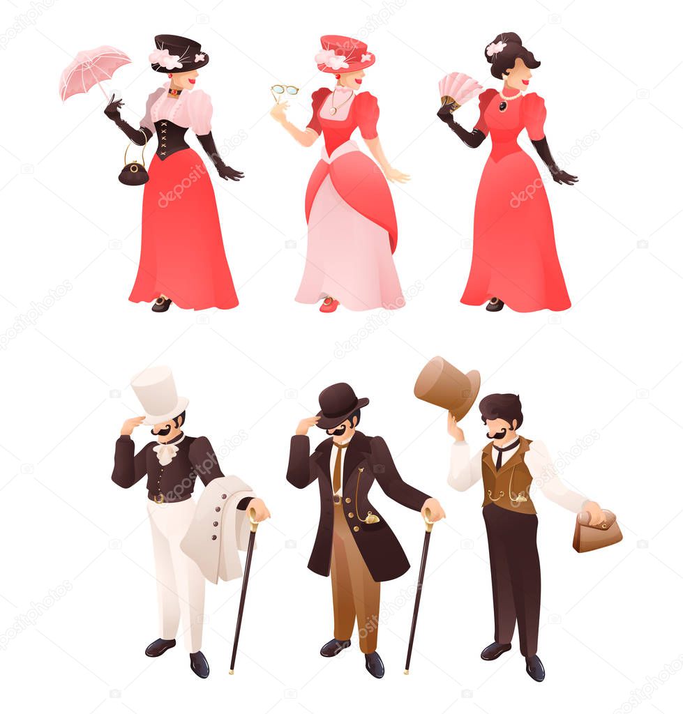 Fashioned retro victorian lady and gentleman with different accessories. Fashion gentleman character with cane, hat, suit. Vintage woman with umbrella, fan, monocle. Vector cartoon illustration