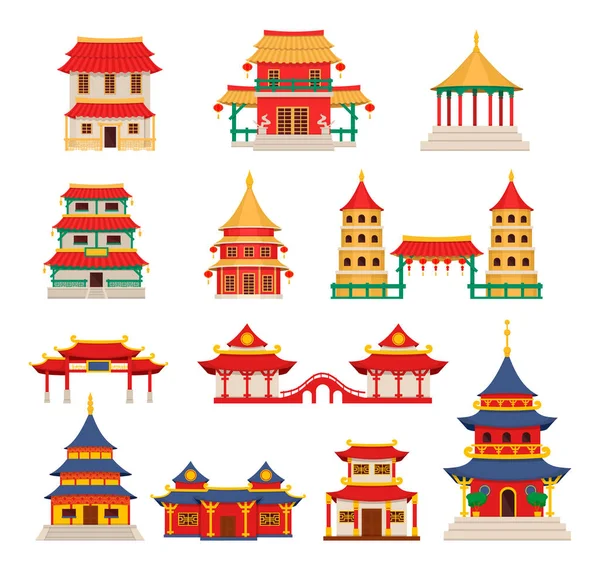 Edifícios chineses tradicionais, arquitetura asiática vetor chinatown —  Vetores de Stock
