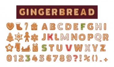 Gingerbread tatil çerezleri yazı tipi alfabe vektör karikatür illüstrasyon