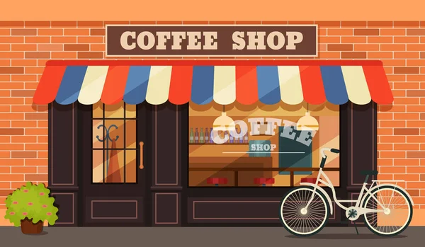 Vintage coffee shop store facade with storefront large window — Stock Vector