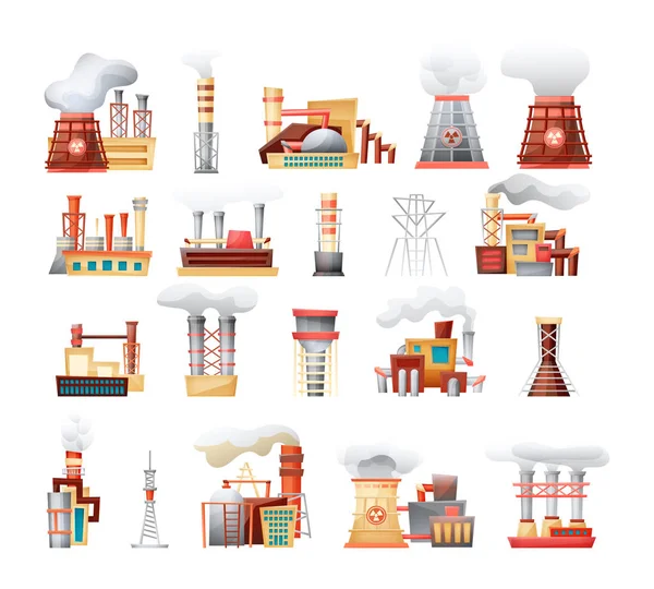 Industry factory buildings environmental pollution vector cartoon isolated — Stock Vector