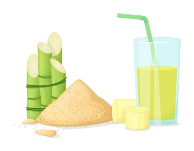 Sapları ile cam taze sıkılmış şeker kamışı, şeker küpleri