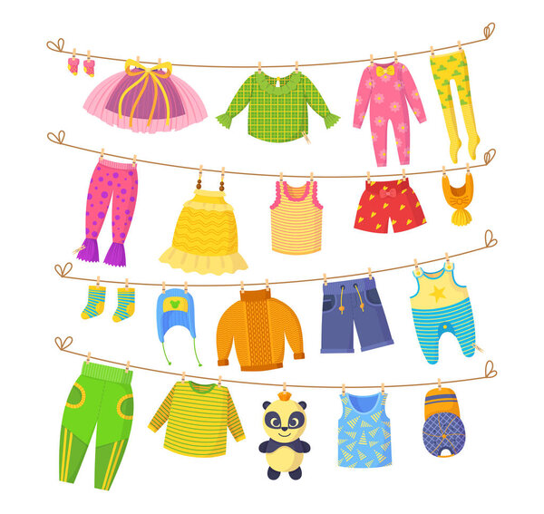 Дети сушат одежду на векторной иллюстрации к одежде
