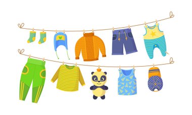 Clothesline vektör karikatür illüstrasyon çocuklar kuru giysiler