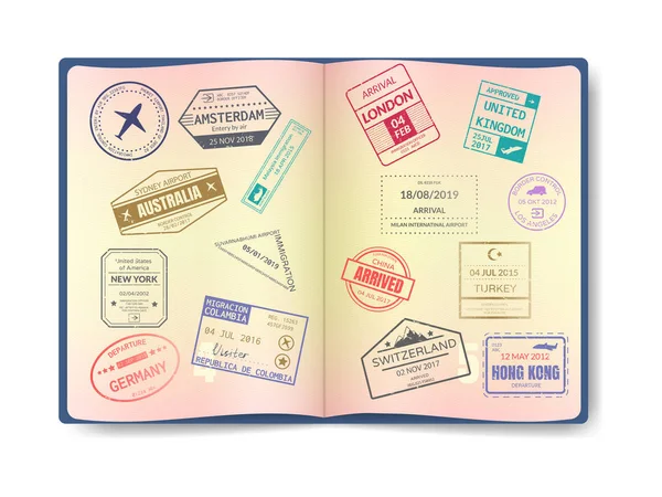 Sello en pasaporte para viajar un pasaporte abierto — Vector de stock