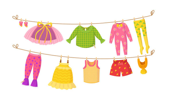 Дети сушат одежду на векторной иллюстрации к одежде
