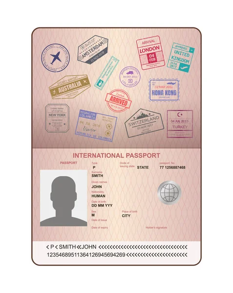 Sello en pasaporte para viajar un pasaporte abierto — Vector de stock