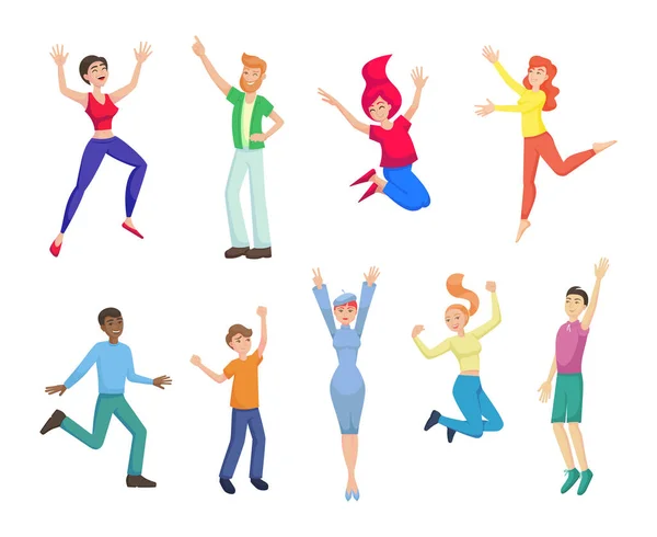 Glücklich springende Menschen tanzen Cartoon-Vektor-Illustration — Stockvektor