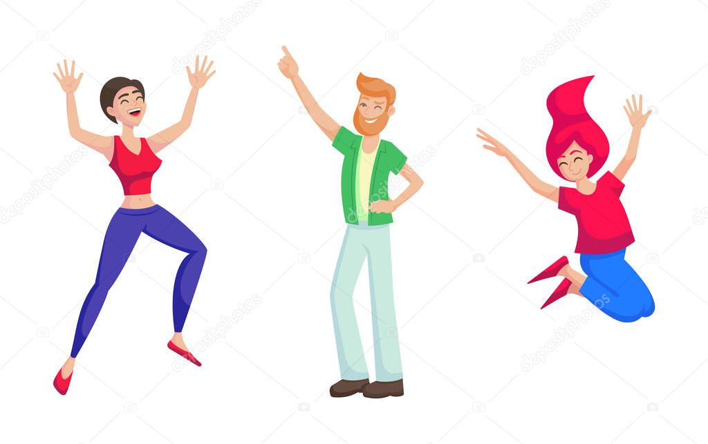 Happy jumping people dance cartoon vector illustration