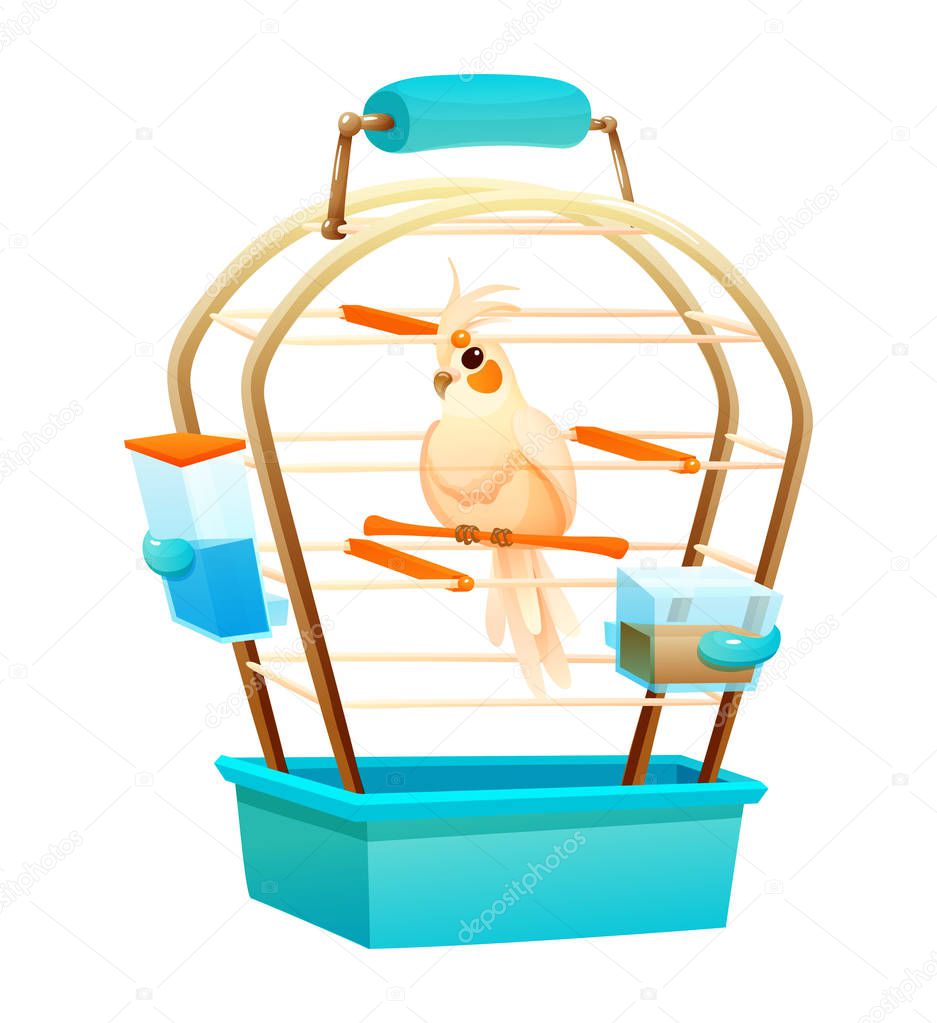 Beautiful cute parrot inside a cage isolated
