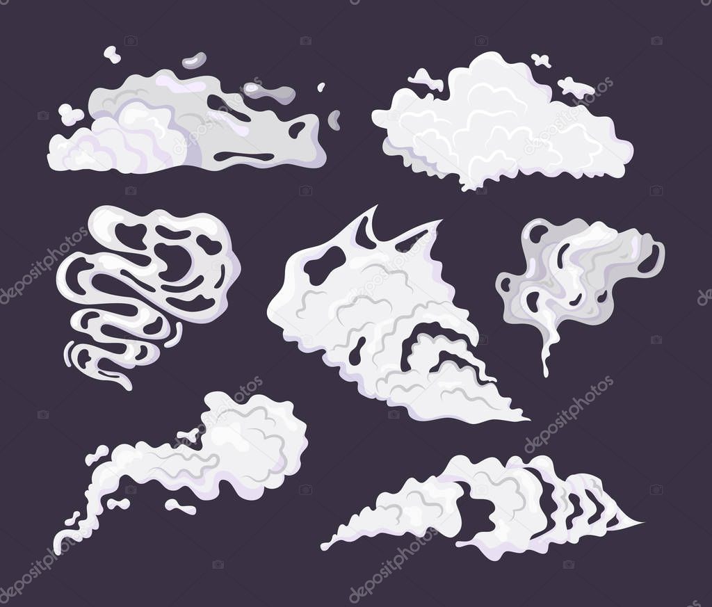 Comic smoke cloud set. Smoking cartoon steam clouds