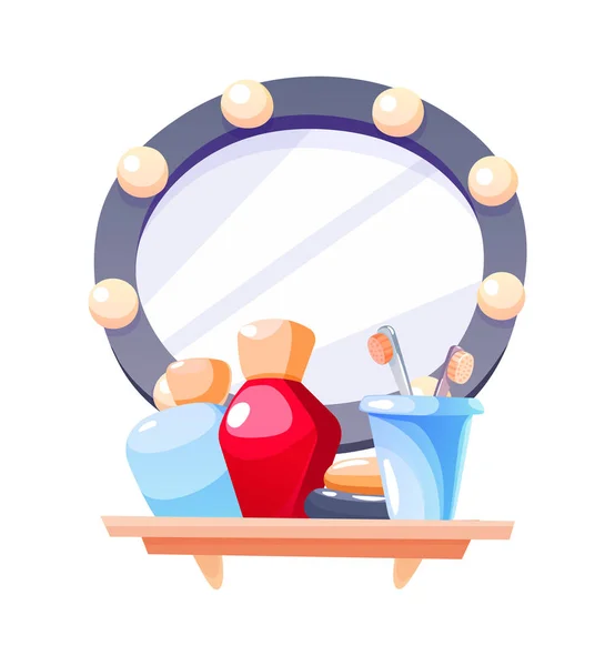 Bagno con mensole, specchio e shampoo gel spazzolini da denti vettoriale cartone animato — Vettoriale Stock