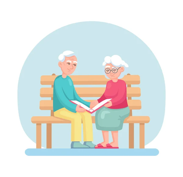 Pareja anciano hombre mayor, mujer sentada en el banco — Vector de stock
