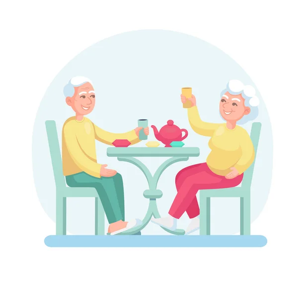 Ηλικιωμένος άντρας και γυναίκα πίνουν τσάι ενώ κάθονται στο τραπέζι — Διανυσματικό Αρχείο