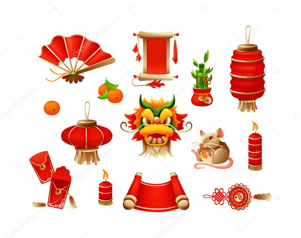 Elements for Chinese traditional Happy New Year with lantern dragon mask mandarin red envelopes burning candles amulet mouse fan scroll with hieroglyphs cartoon vector illustration