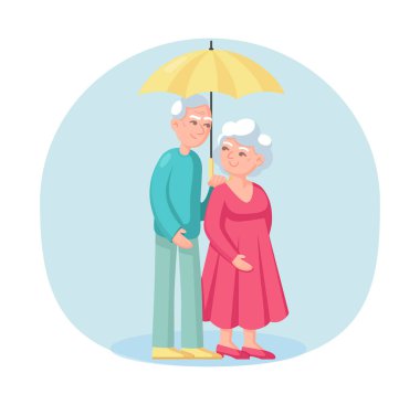 Yaşlı çift ortak bir şemsiye altında yürümek.