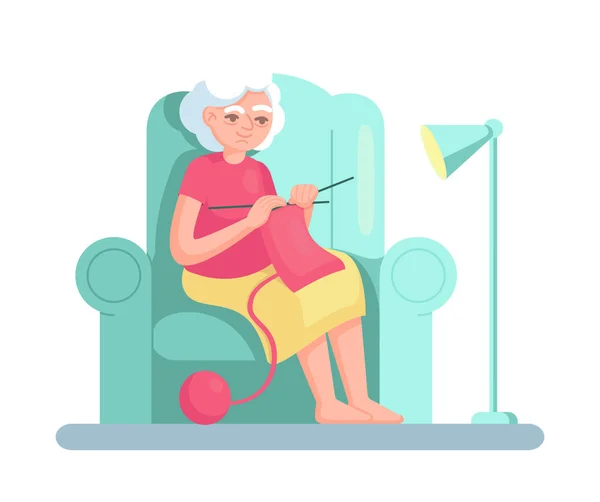 Vecchia donna anziana che lavora a maglia mentre è seduta su una sedia — Vettoriale Stock