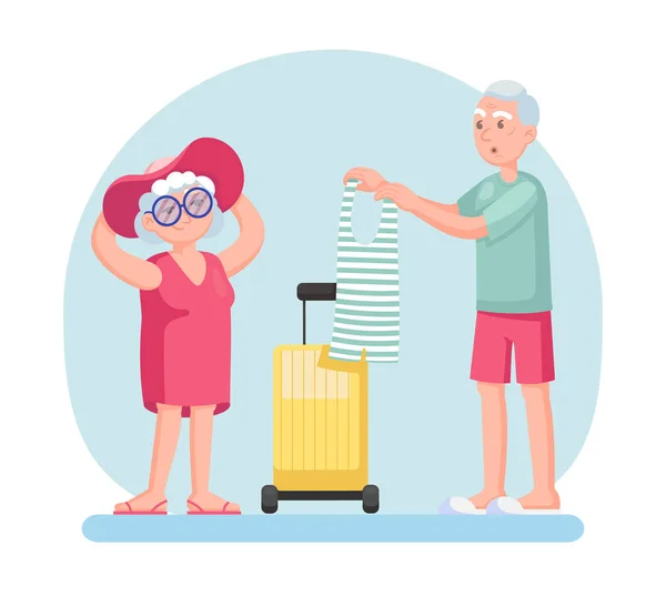 Couple old senior man and woman going on a trip — Stock Vector