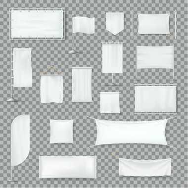 Gerçekçi beyaz tekstil afişleri. Pamuk pankartlar, boş bayraklar, posterler..