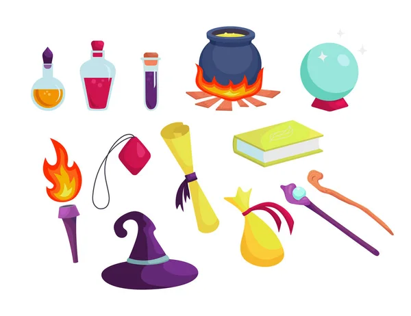 Magic accessories, wizard tools. Flasks with solutions, cauldron with potion. — Stock Vector