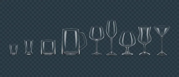 Transparent realistic templates alcohol glasses mugs mock up — Stock Vector