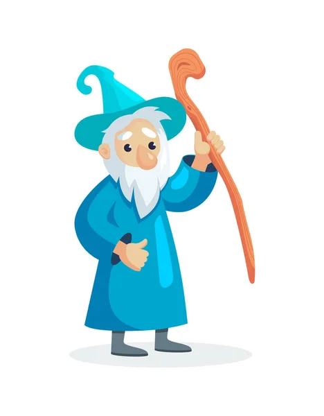 Feiticeiro personagem masculino, mago, feiticeiro em um manto e chapéu —  Vetores de Stock