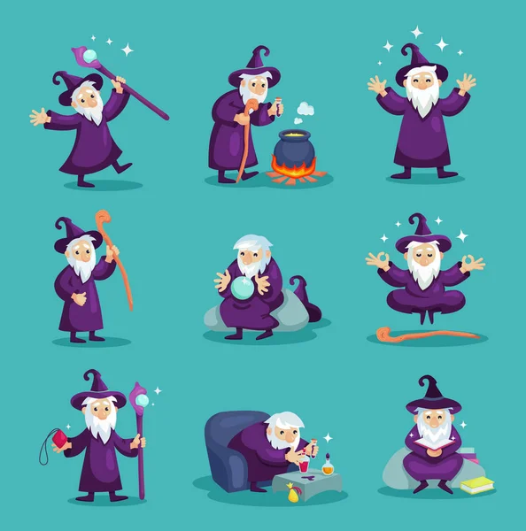 Wizard mannelijk personage, mage, tovenaar in een mantel en hoed — Stockvector