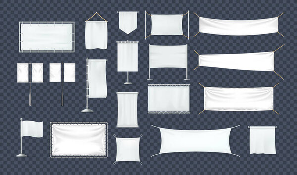 Realistic white textile banners set. Cotton banners, blank flags, posters.