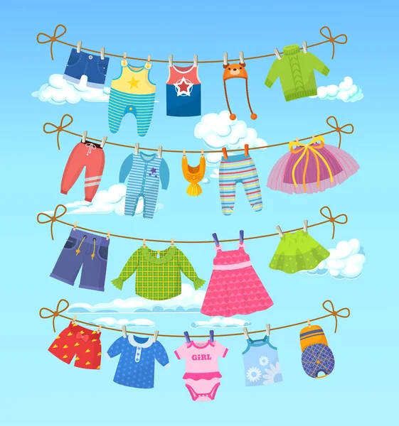 Bambini puliti vestiti piccoli, corda di stoffa per nuvole bianche — Vettoriale Stock