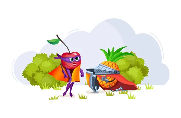 Desenhos animados personagens frutas em fantasias de super-herói amantes cereja e abacaxi — Vetor de Stock