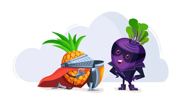 卡通人物水果在超级英雄服装爱好者樱桃和菠萝 — 图库矢量图片