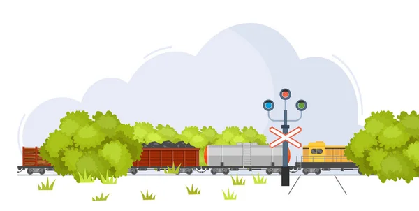 Tren de mercancías con vagones, tanques, carga, cisternas — Vector de stock