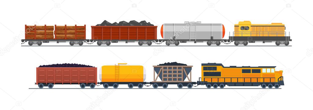 Freight train with wagons, tanks, freight, cisterns.