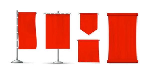 Realistas banderas textiles rojas conjunto vector aislado — Vector de stock
